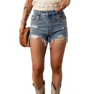 NEW WILLOWS tassel rhinestones distressed denim shorts in sky blue